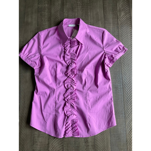 New York & Company The Madison Ruffle Front Short Sleeve Blouse Pink Women’s LG - Picture 4 of 5